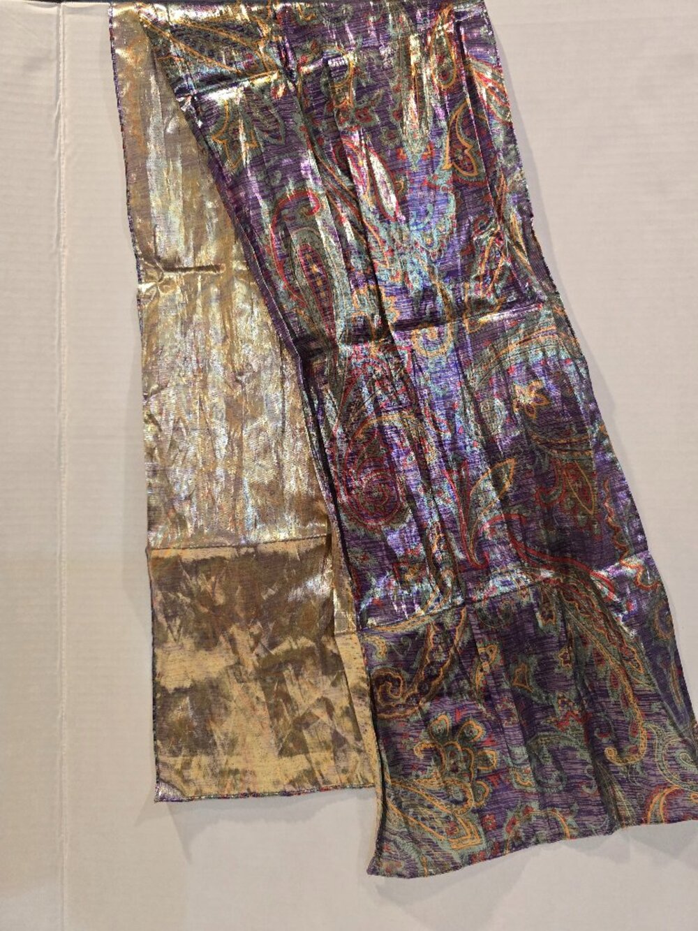 Scarf Rectangle Metallic Purple Gold Red Teal Paisley Reverse Gold 1980s